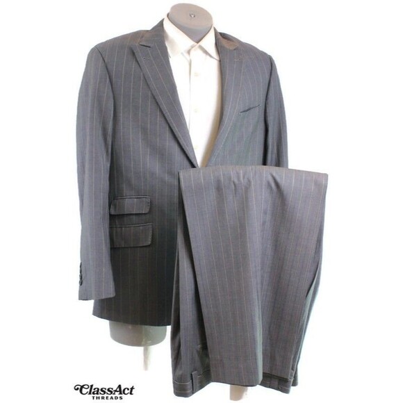 Mecca 2 Piece Suit Mens Gray Striped Peak 2 Button 42R Pleated Fronts 38" Waist - Picture 1 of 13